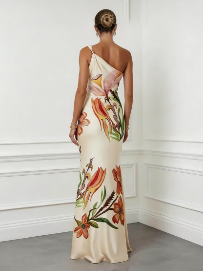 Elegant One-Shoulder Floral Print Satin Maxi Dress