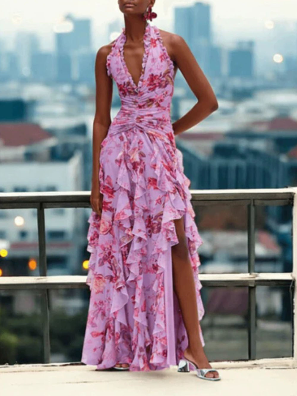 Fashionable Printed Pleated Waist-cinching Dress