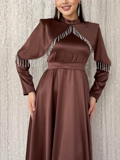 Elegant Satin Cape-Detail Long-Sleeve Maxi Dress