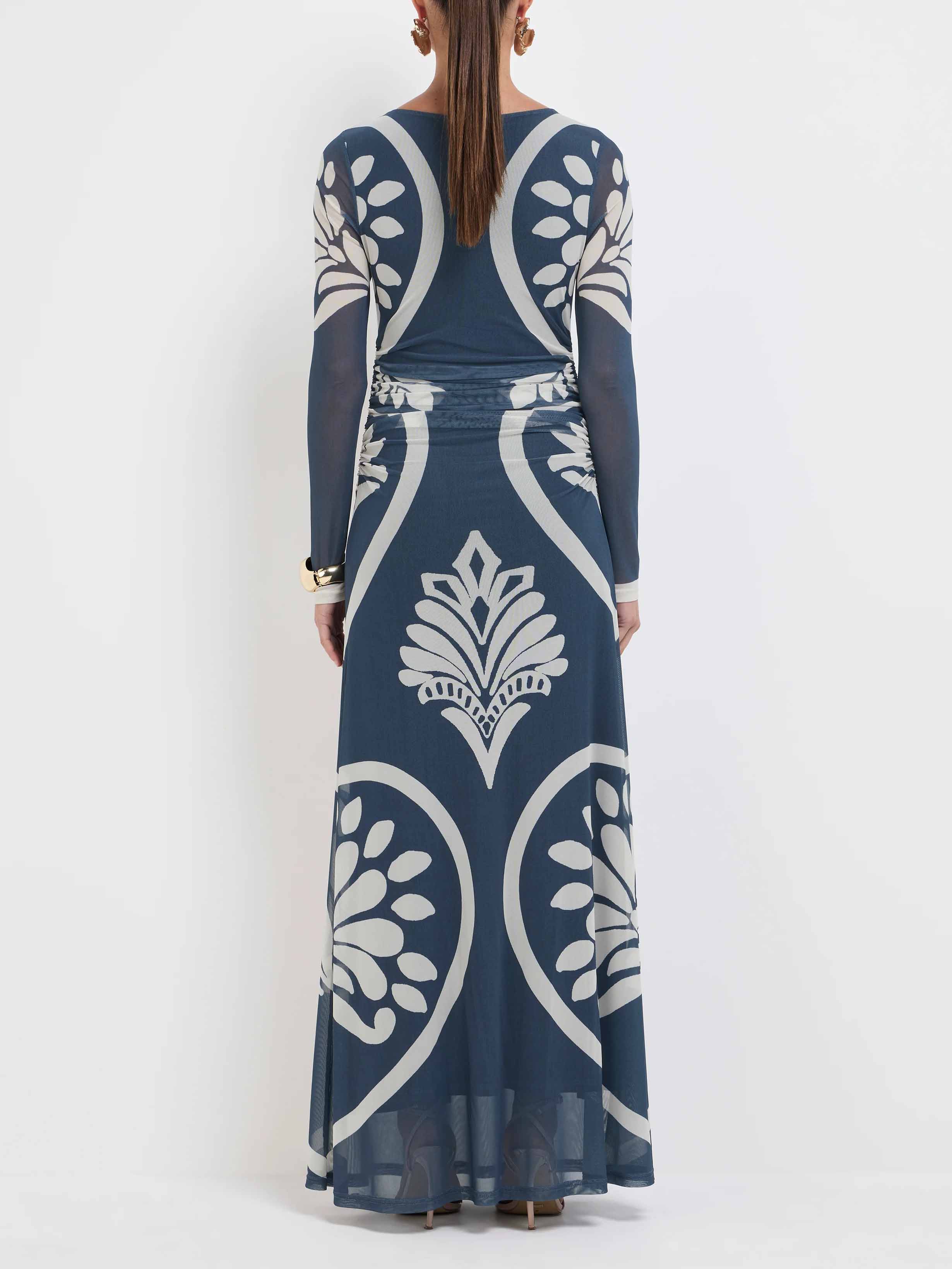 Elegant Floral Geometric Print Mesh Maxi Dress