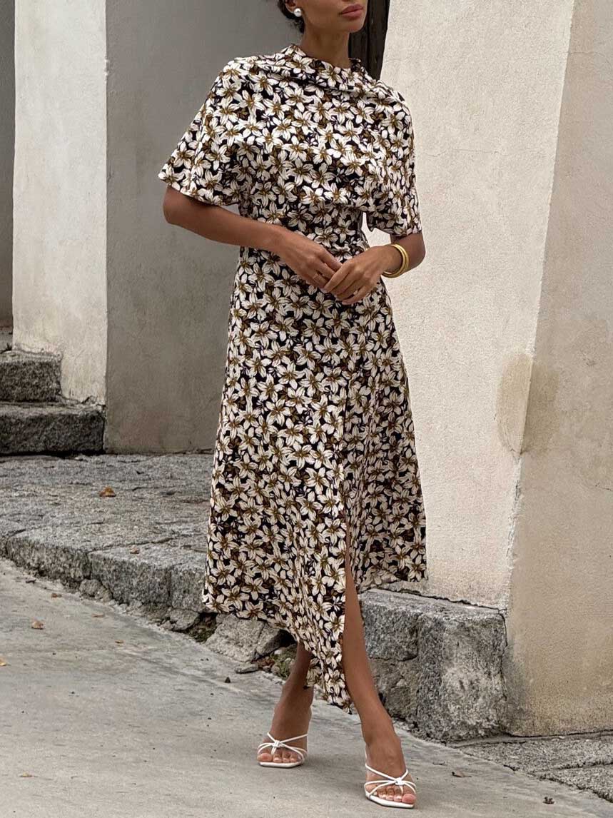 Elegant Satin Floral Print Slit Midi Dress