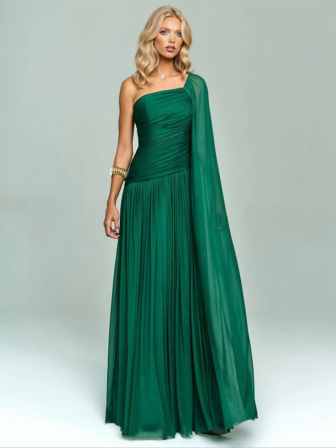 Elegant One-Shoulder Ruched Chiffon Maxi Dress