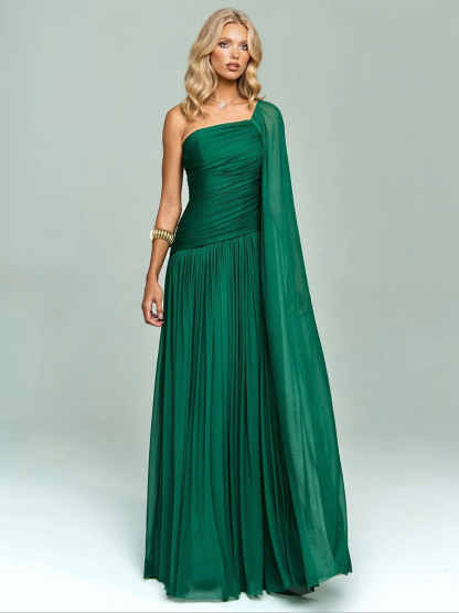 Elegant One-Shoulder Ruched Chiffon Maxi Dress