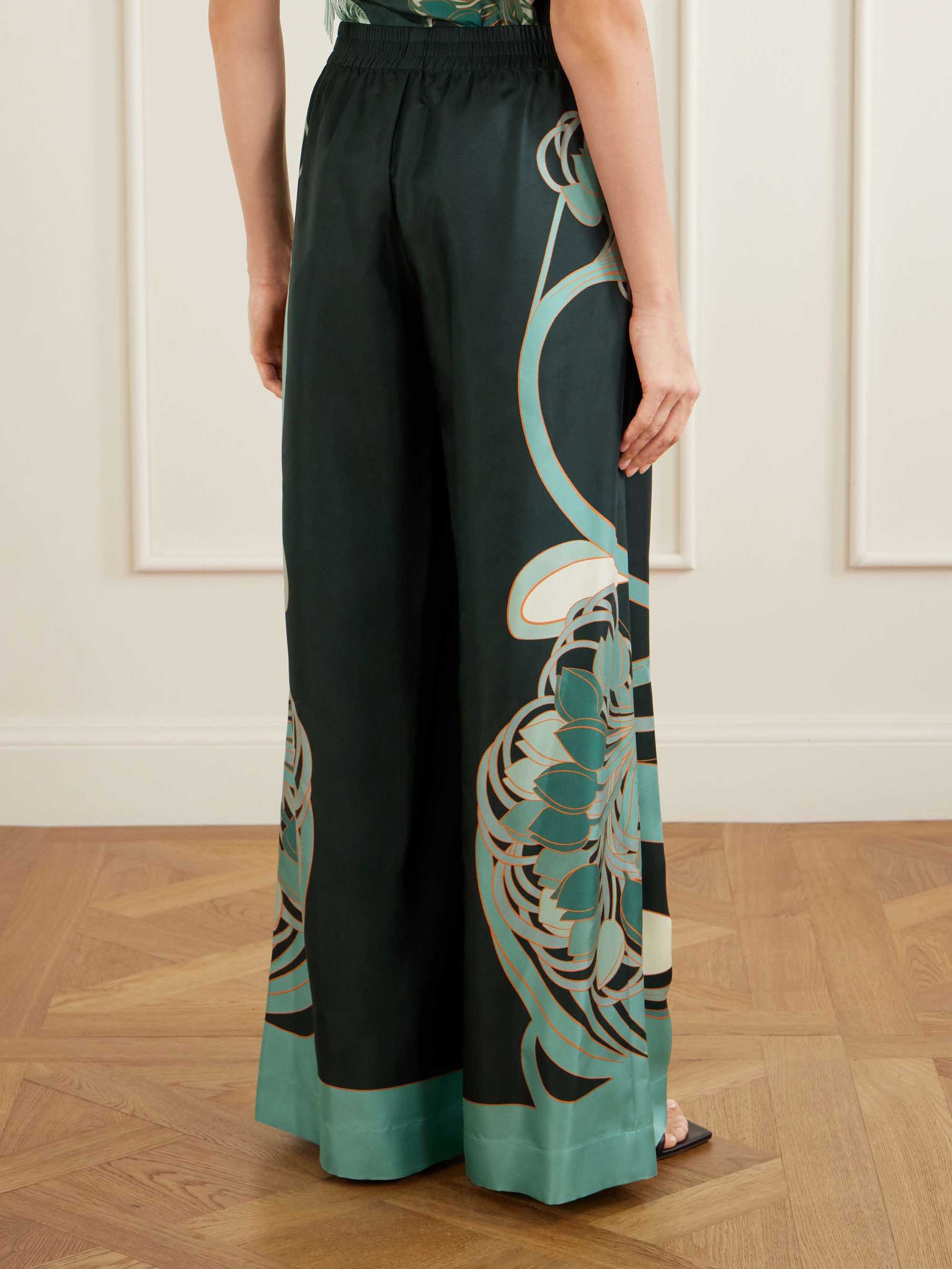 Retro Artistic Print Fringe Trim Asymmetrical Top & Pants Two-Piece Set