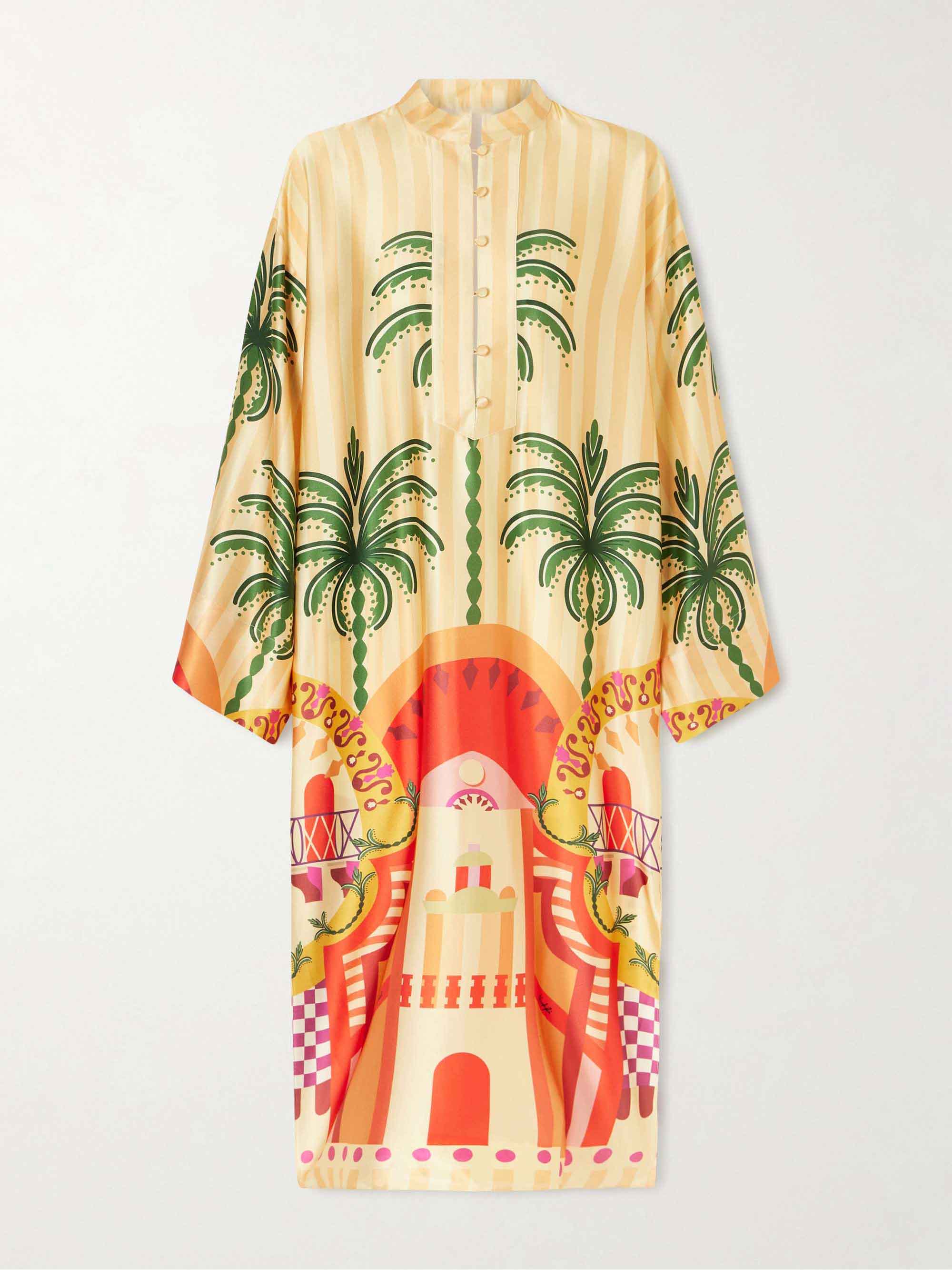 Unique Satin Palm Tree Print Loose Midi Dress