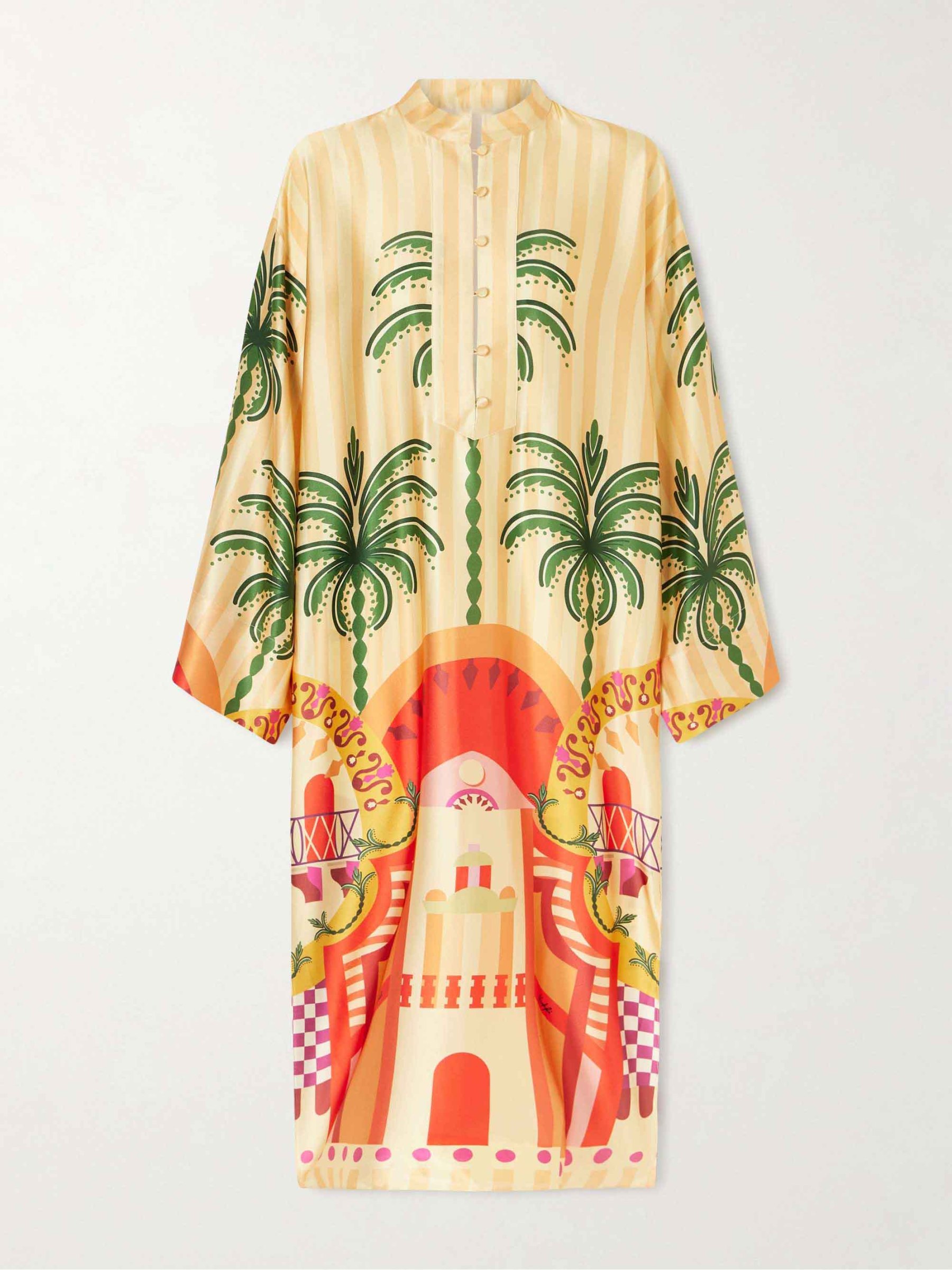 Unique Satin Palm Tree Print Loose Midi Dress
