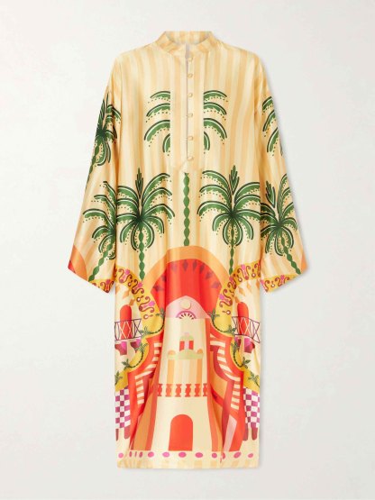 Unique Satin Palm Tree Print Loose Midi Dress