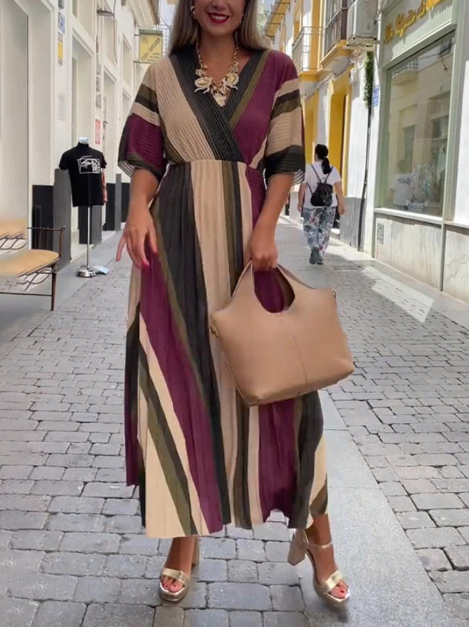 Elegant Irregular Stripe Print Pleated Maxi Dress