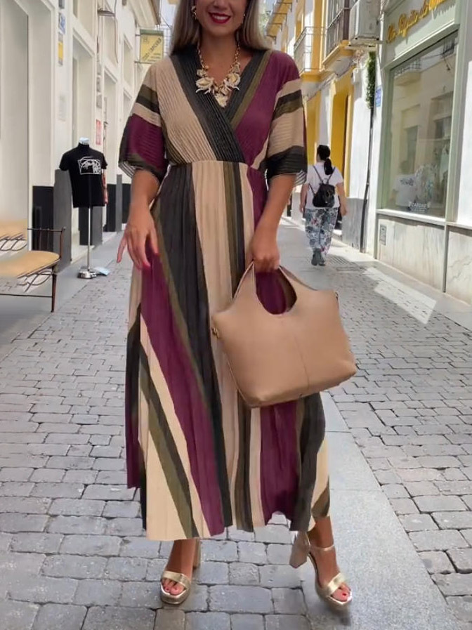 Elegant Irregular Stripe Print Pleated Maxi Dress