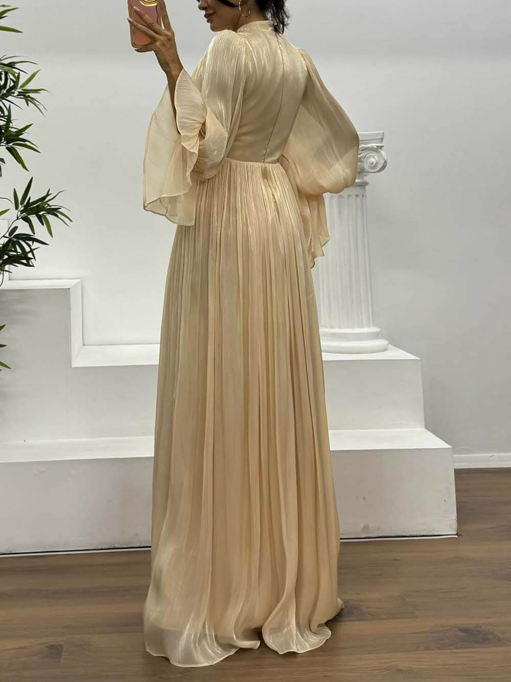 Fashionable Pleated Waist Long-Sleeved Chiffon Evening Maxi Dress