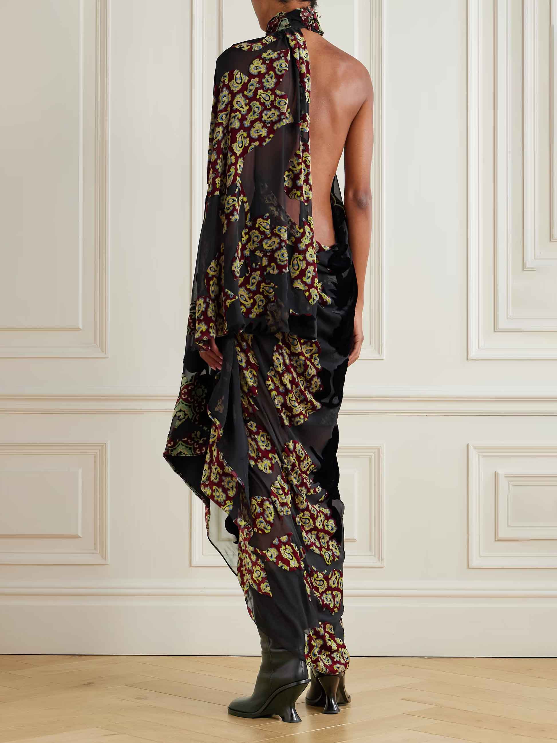 Elegant Halterneck Pleated Print Maxi Dress