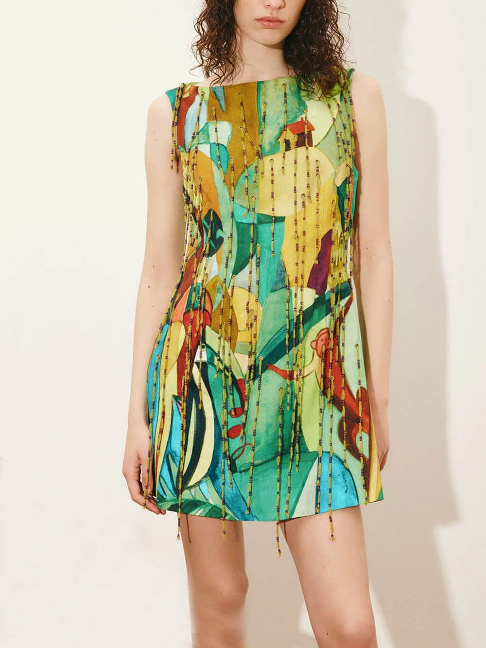 Exquisite Printed Straight Neck Fringe Mini Dress