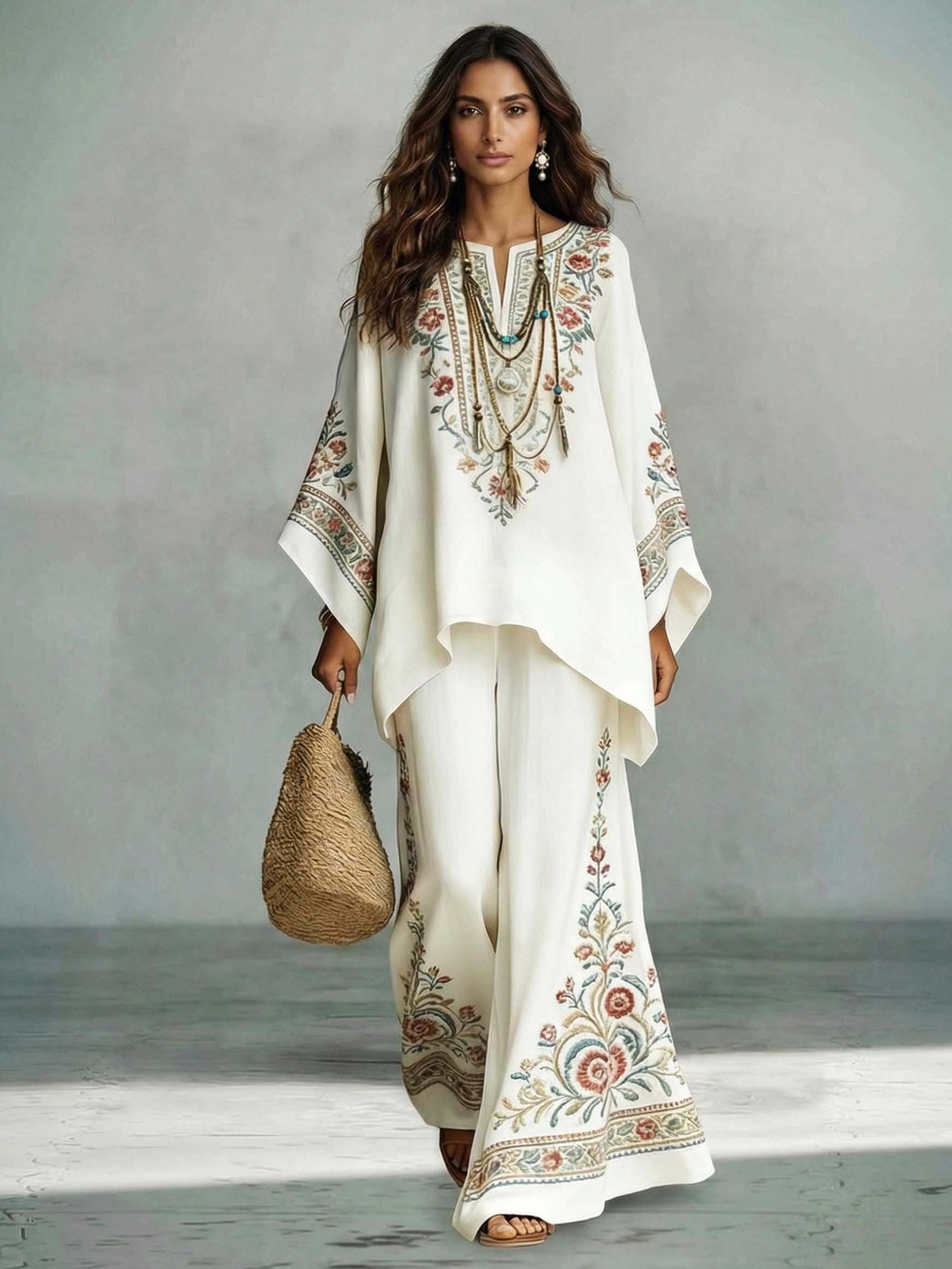 Elegant Satin Floral Print Kaftan Top & Pants Two-Piece Set