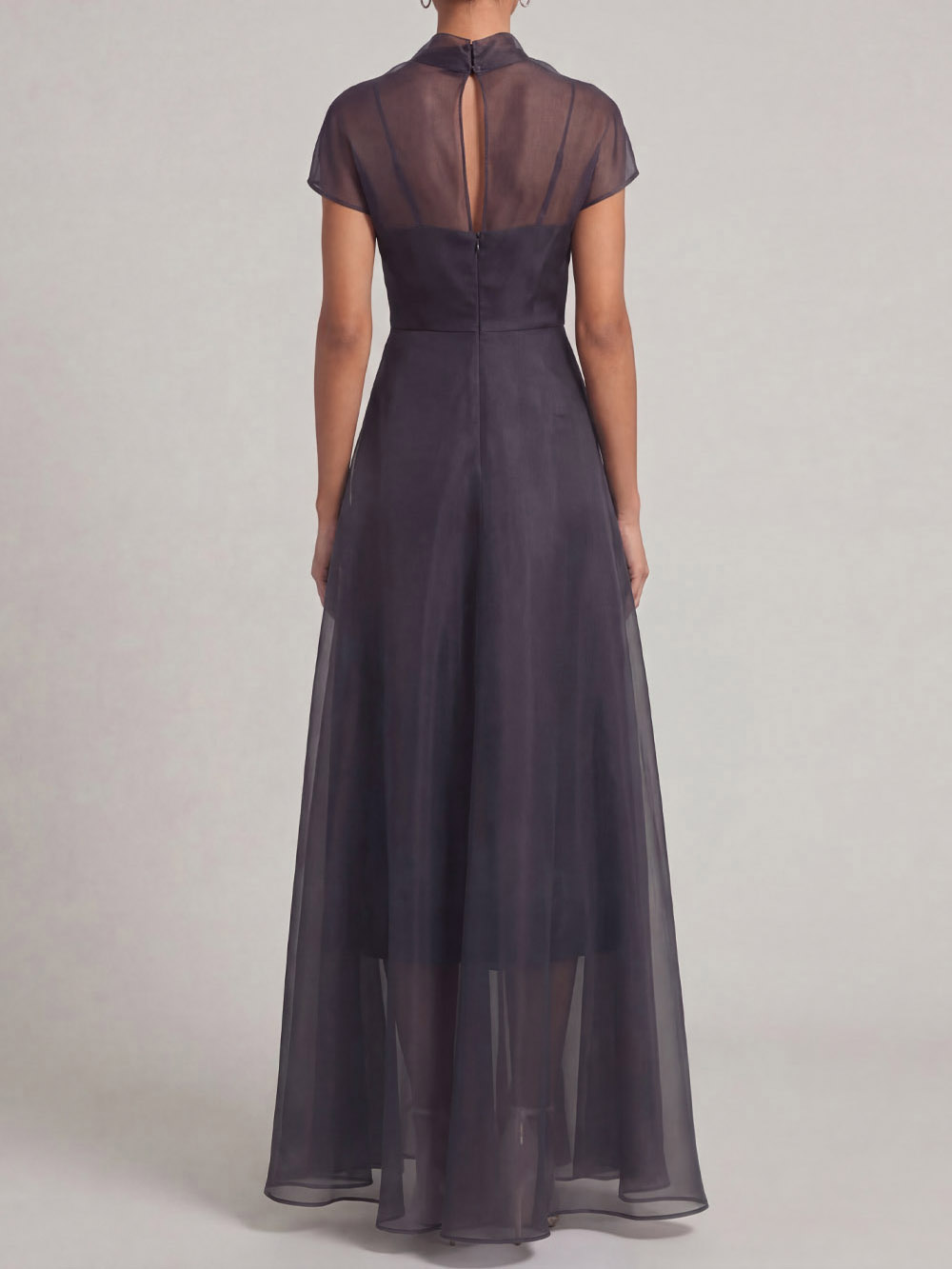 Elegant Sheer Overlay High-Neck Maxi Dress