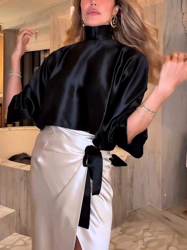 Elegant Satin Cropped Long-sleeved Shirt