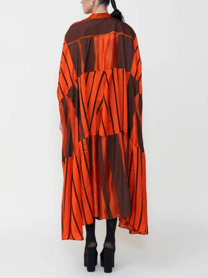 Fashion Striped Patchwork Cape-Style Tie-Up Asymmetric Midi Dress