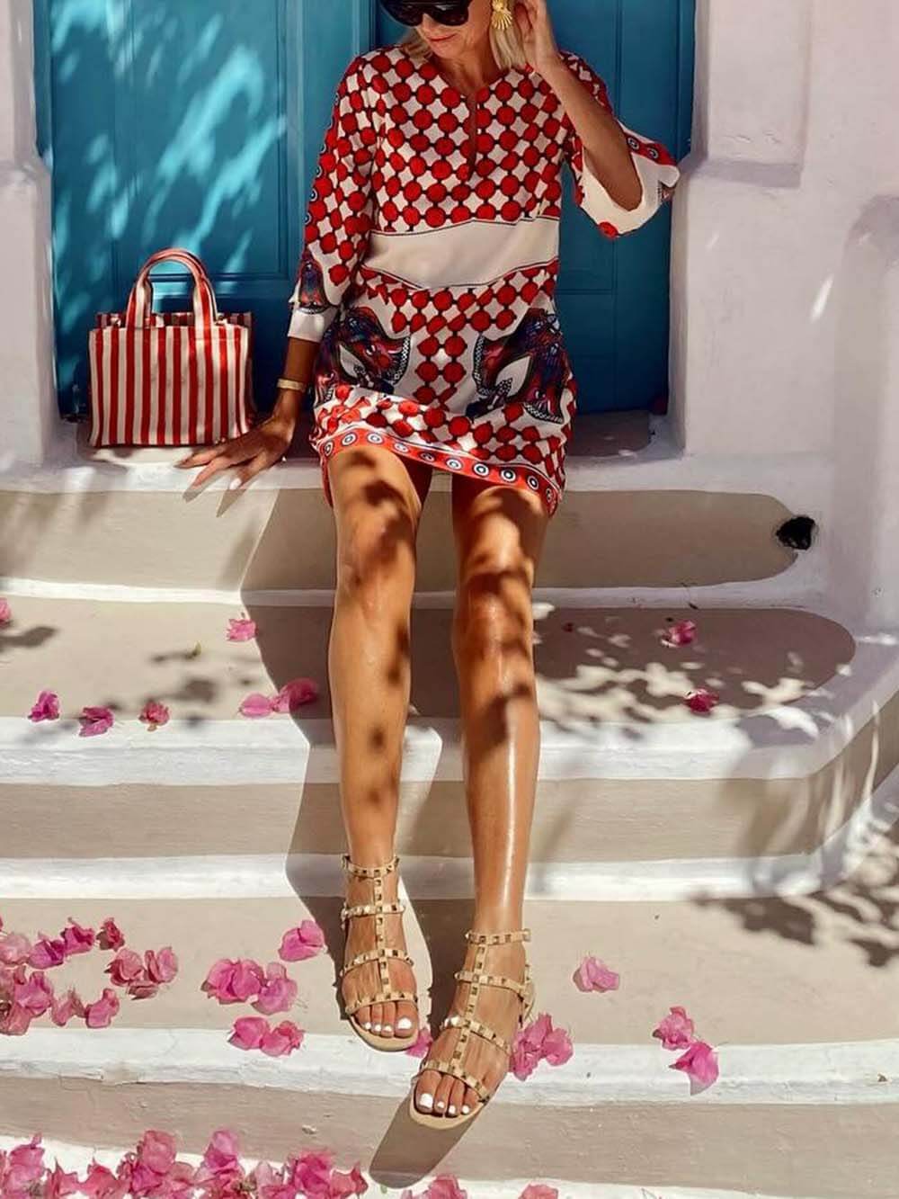 Vintage Print Flared Cuffs Mini Dress