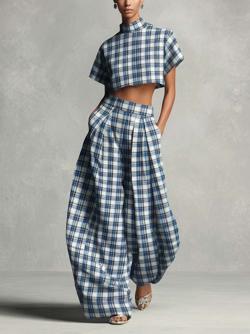 Retro Plaid Cropped Top & Shorts Two-Piece Set