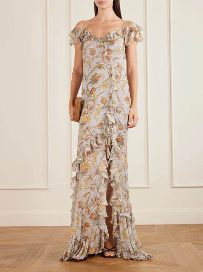 Fashion Off-Shoulder Ruffle Print Side-Slit Maxi Dress