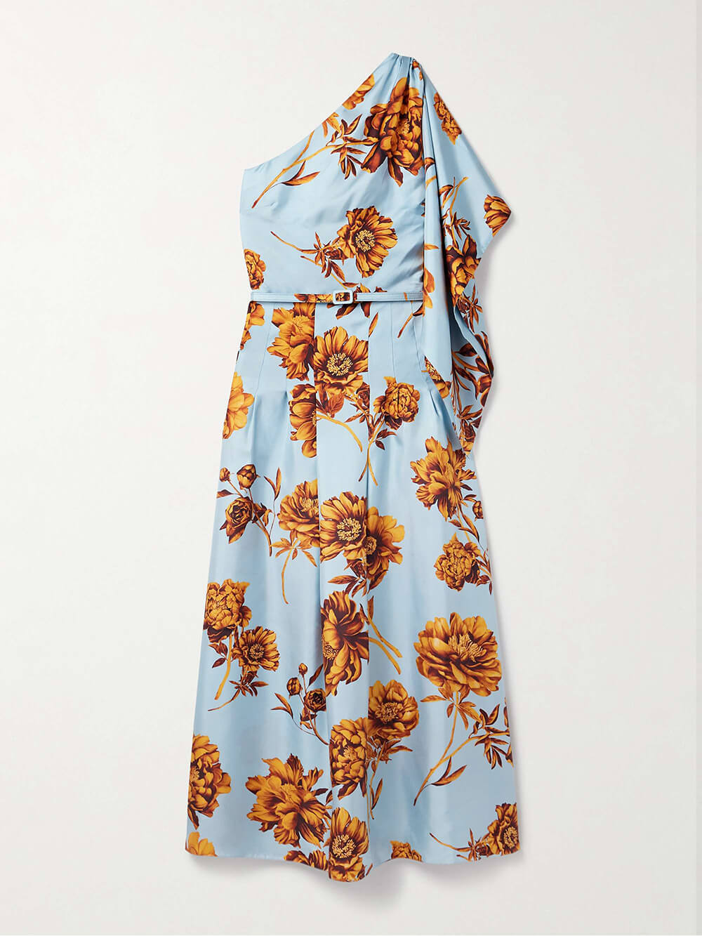 Delicate One-Shoulder Belted Draped Floral-Print Satin Maxi Dress