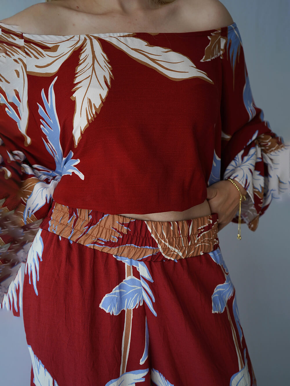 Fashion Casual Tropical Palm Tree Print Elastic Waist Wide-Leg Pants