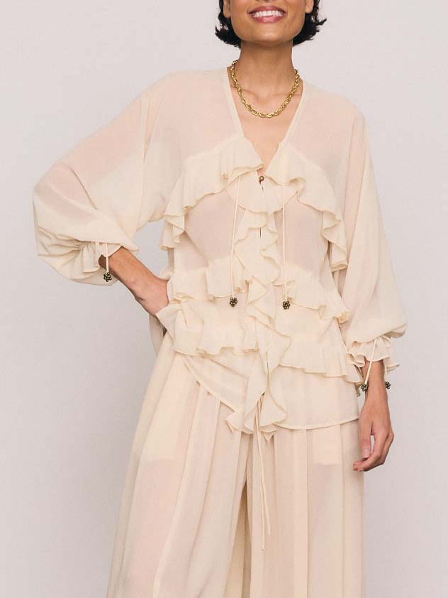 Romantic Ruffle Chiffon Blouse & Wide-Leg Pants Two-Piece Set