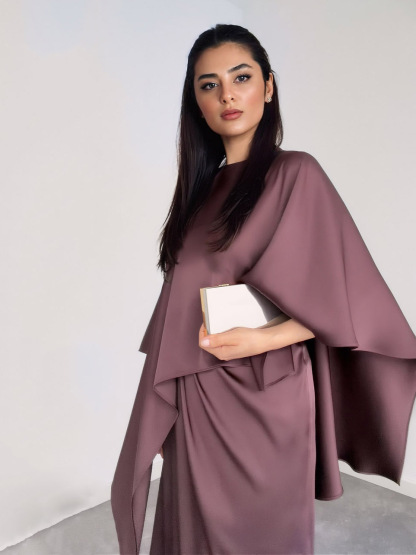 Elegant Satin Cape Sleeve Top & Maxi Skirt Two-Piece Set