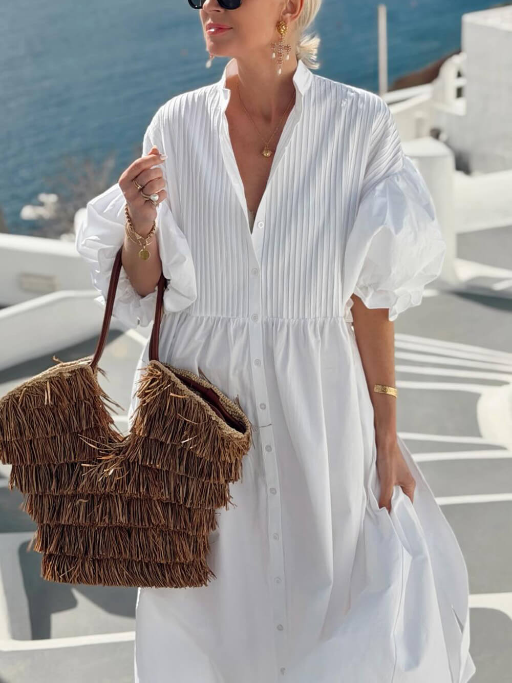 Bohemian Ruched Lantern Sleeve Midi Dress