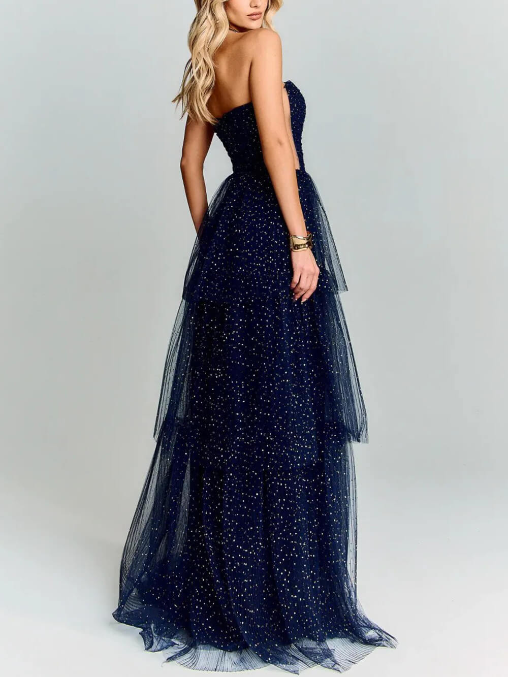 Elegant Navy Blue Polka Dot Layered Tulle Party Maxi Dress