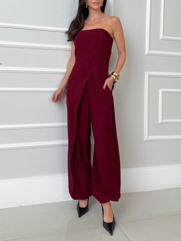 Strapless Wrap Front Wide Leg Jumpsuit