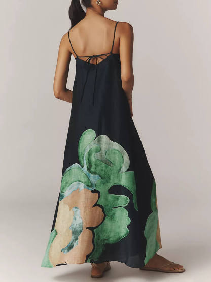 Delicate Strappy Backless Floral Linen Maxi Dress