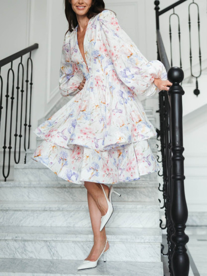 Elegant V-neck Floral Print Layered Mini Dress