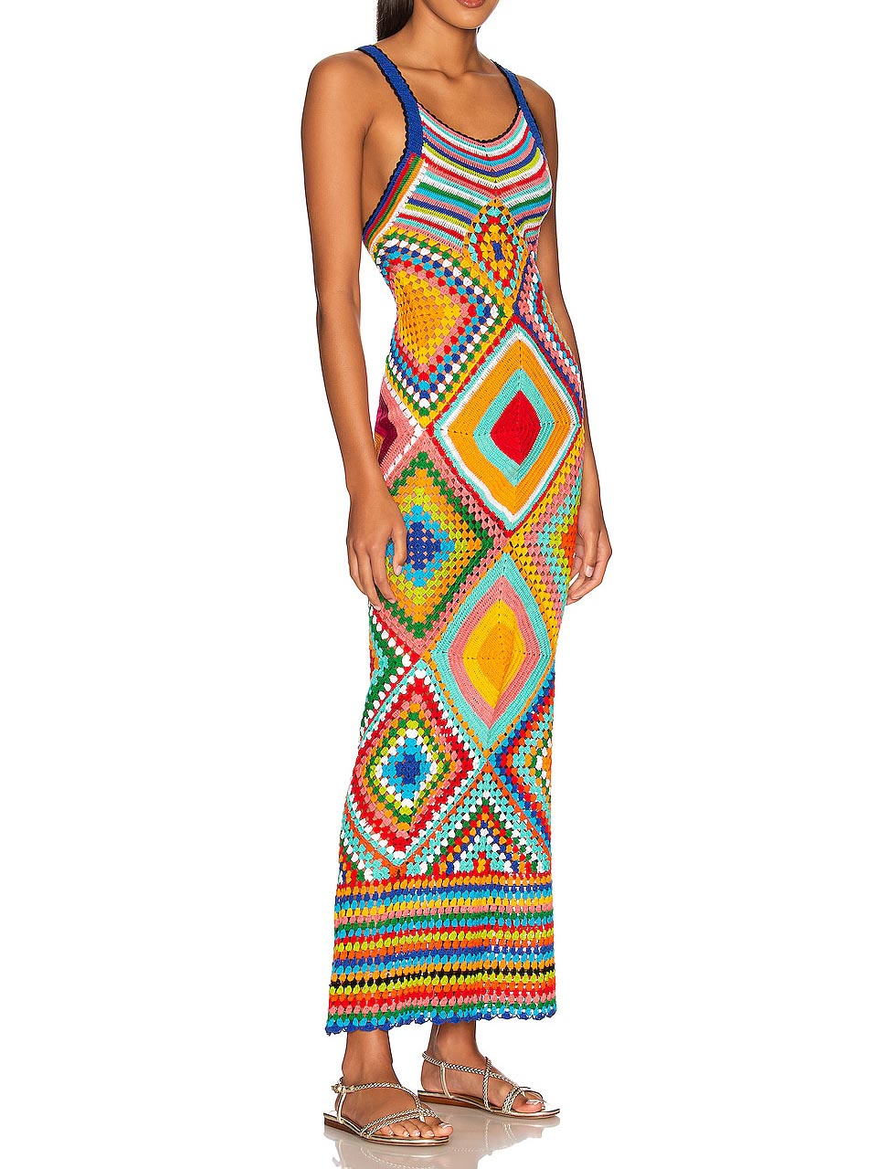 Vibrant Handmade Crochet Geometric Print Midi Dress