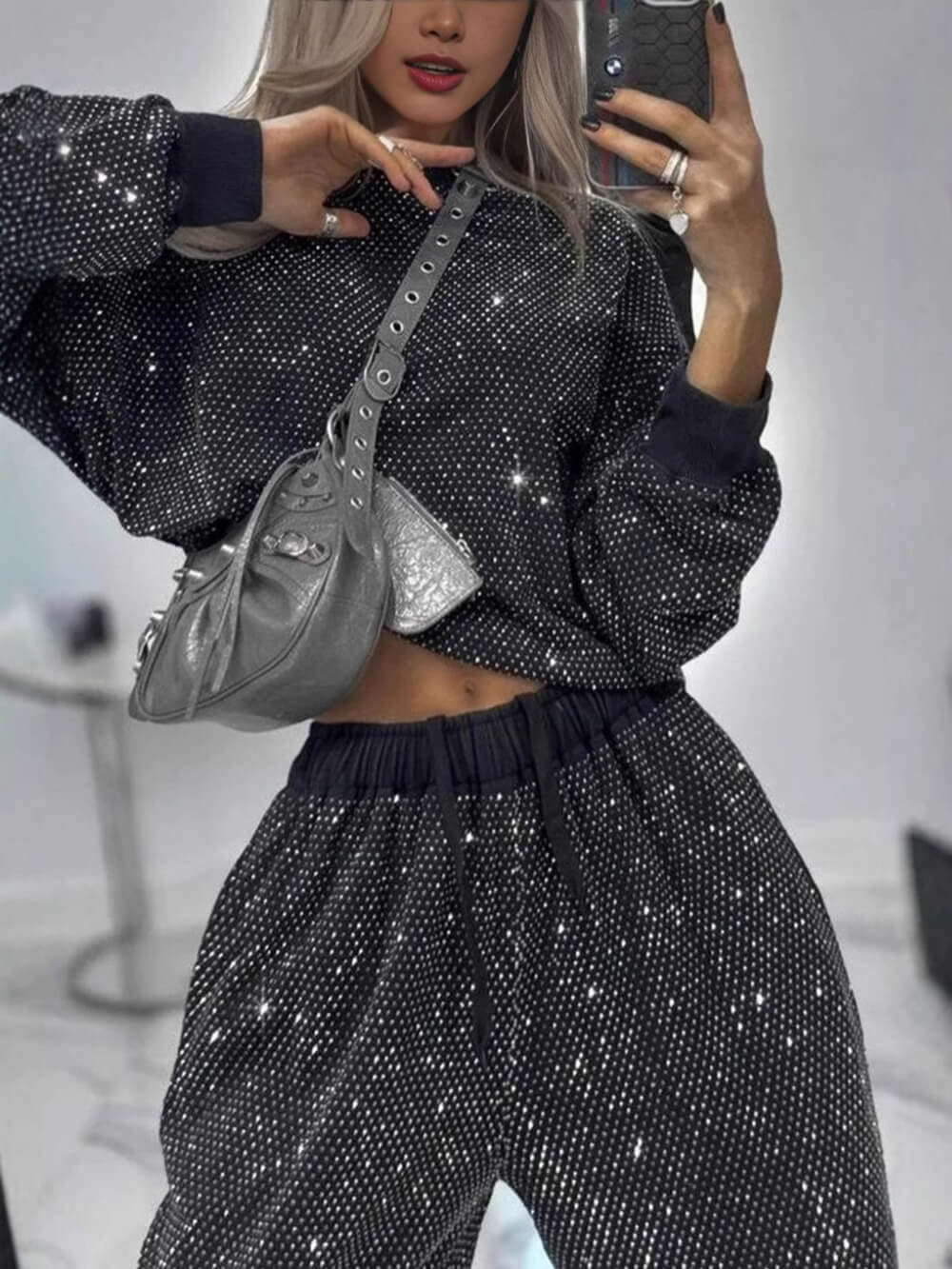 Fashion Sequin Starry Round Neck Loose Top And Drawstring Wide-Leg Pants Set