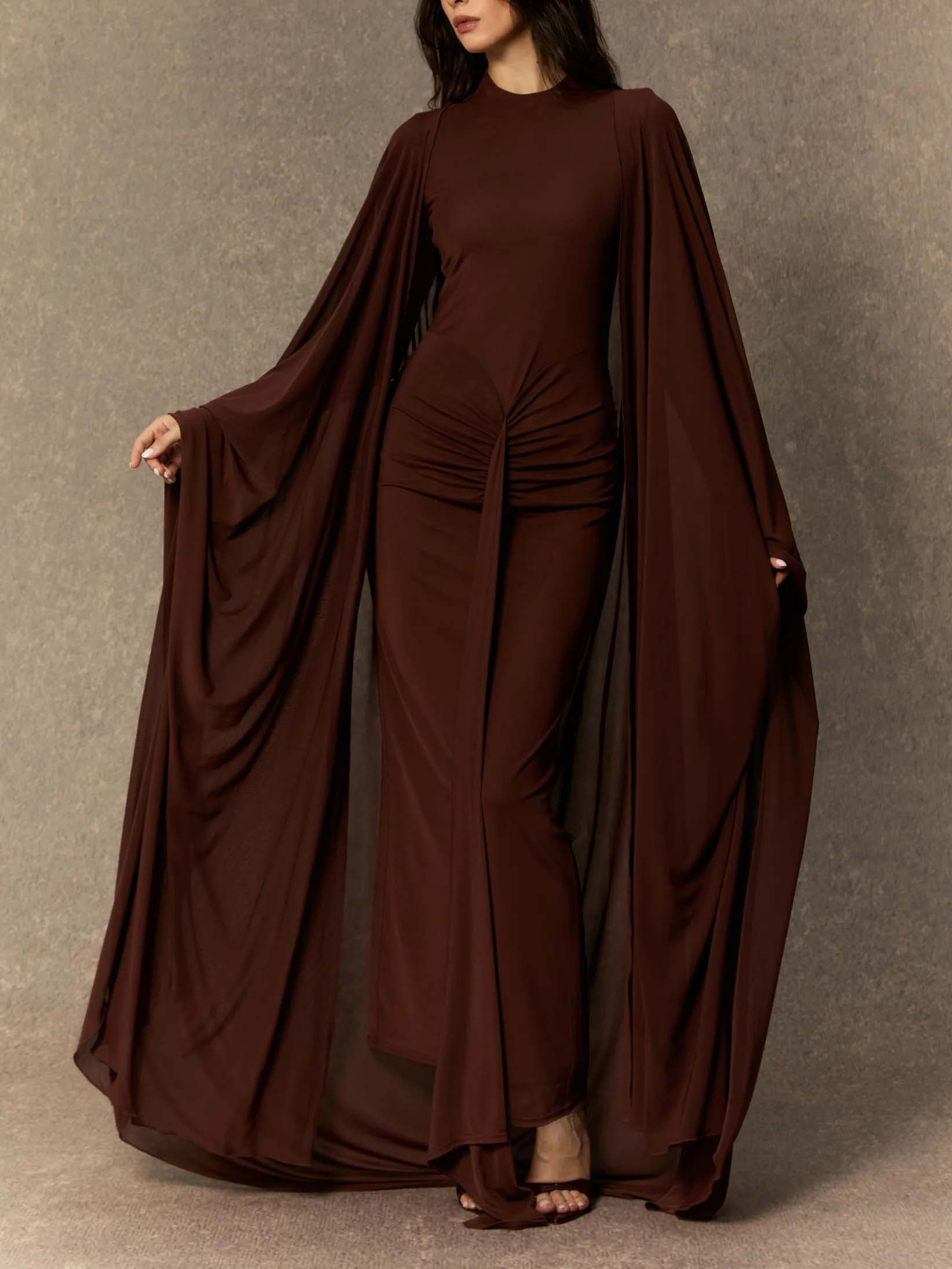 Elegant Pleated Flowing Shawl Two-piece Maxi Dress
