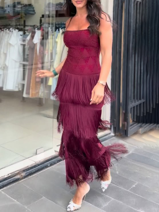 Elegant Layered Fringe Spaghetti Strap Maxi Dress
