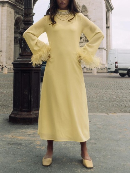Elegant High-Neck Feather Cuff Chiffon Midi Dress