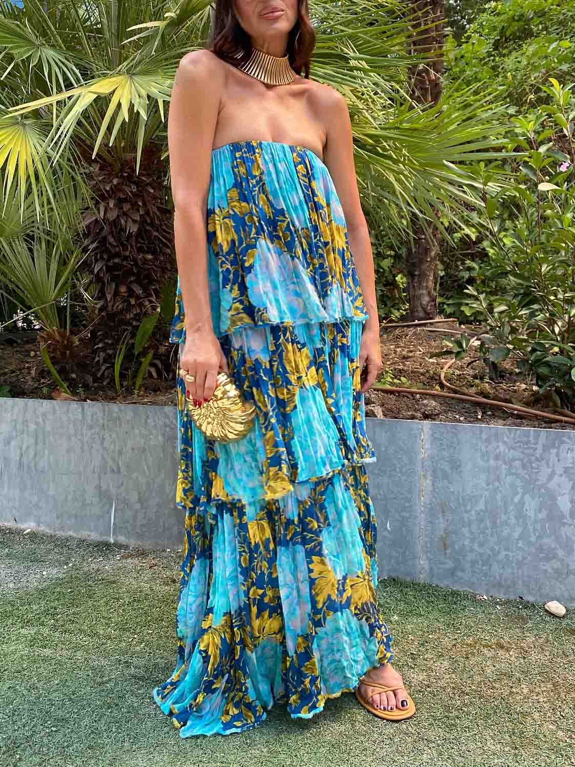 Elegant Floral Print Off-the-shoulder Split Maxi Dress