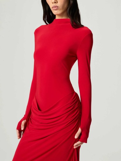 Elegant High-Neck Ruched Long-Sleeved Bodycon Maxi Dress