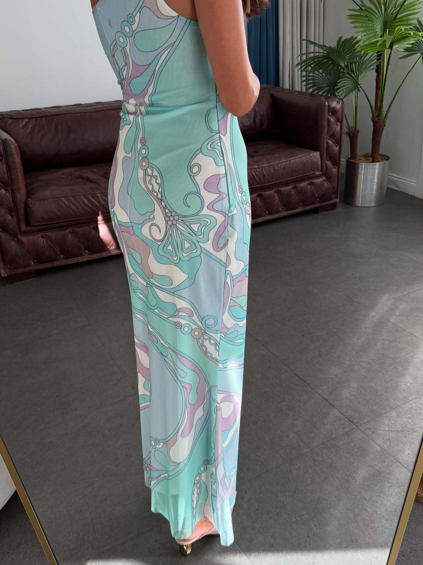 Elegant One-shoulder Abstract Floral Print Fitted Maxi Dress
