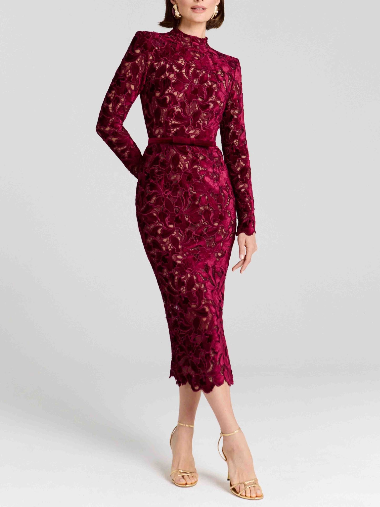 Elegant Embroidered Lace High-Neck Midi Dress