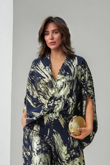 Retro Fashion Ethnic Print Elastic Waist Loose Pocket Wide-Leg Pants