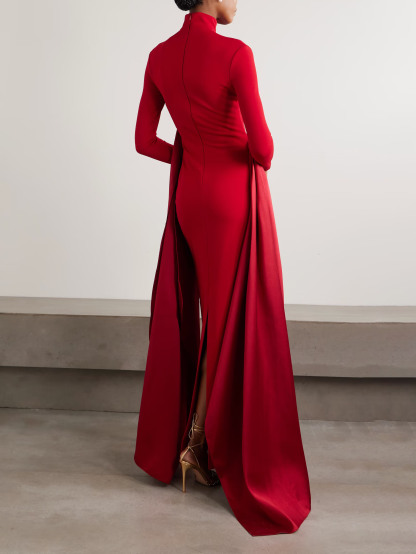 Elegant High-neck Satin Draped Maxi Dress