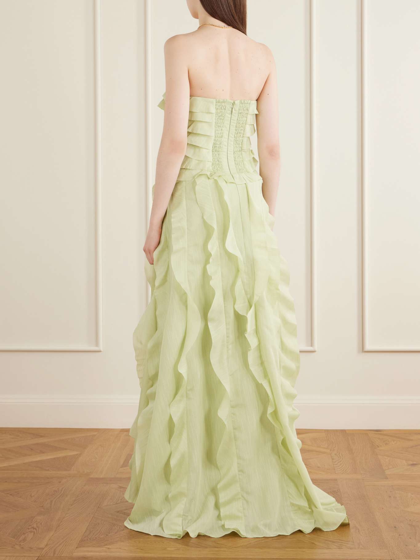 Cascading Ruffle Strapless High Slit Maxi Dress