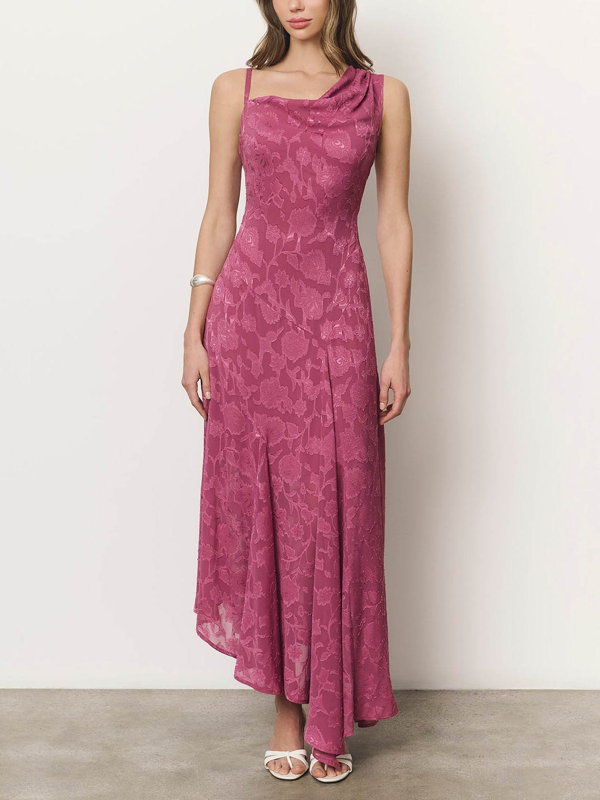 Elegant Floral Jacquard Asymmetrical One-Shoulder Maxi Dress