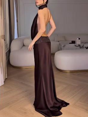 Elegant Halter Neck Sequined Maxi Dress