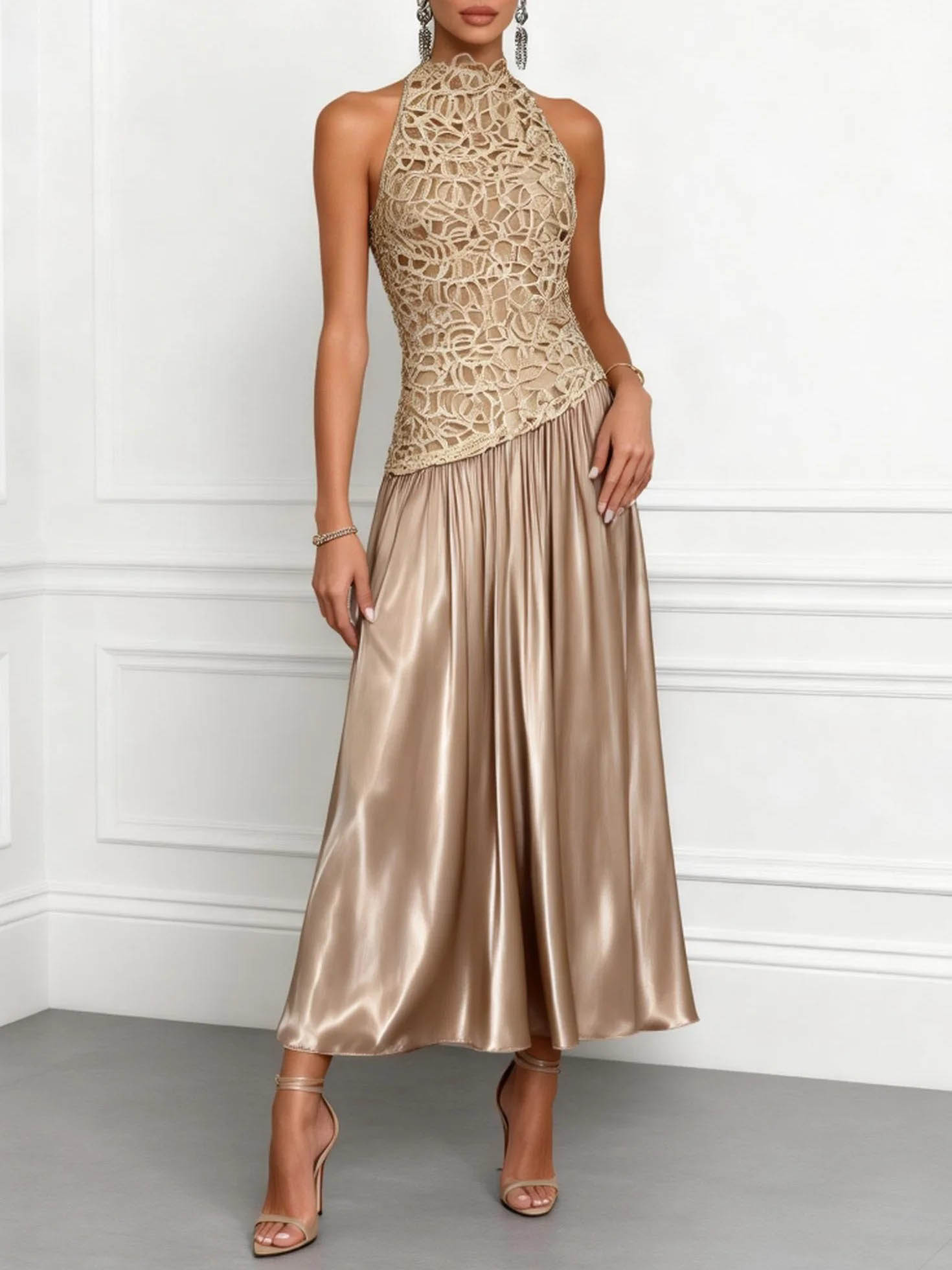 Elegant Backless Lace Satin Maxi Dress