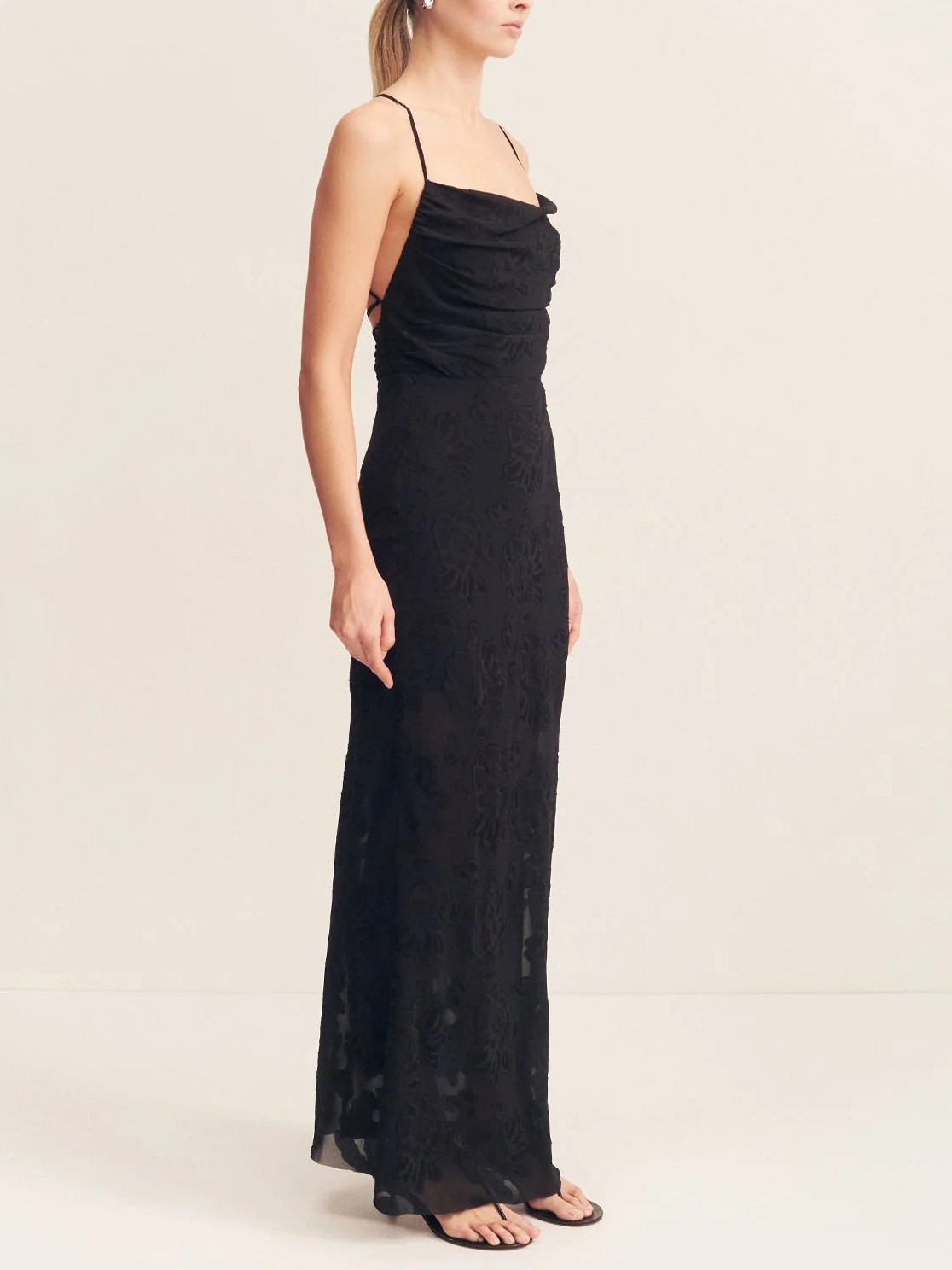 Elegant Transparent Jacquard Drape Neck Maxi Dress