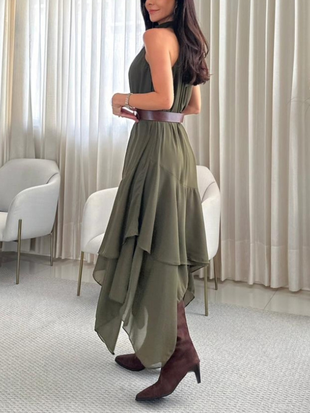 Elegant Backless Asymmetrical Ruffle Hem Chiffon Maxi Dress