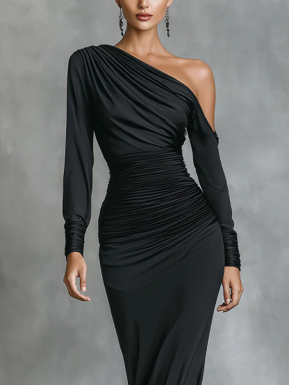 Elegant One-shoulder Pleated Mermaid Maxi Dress